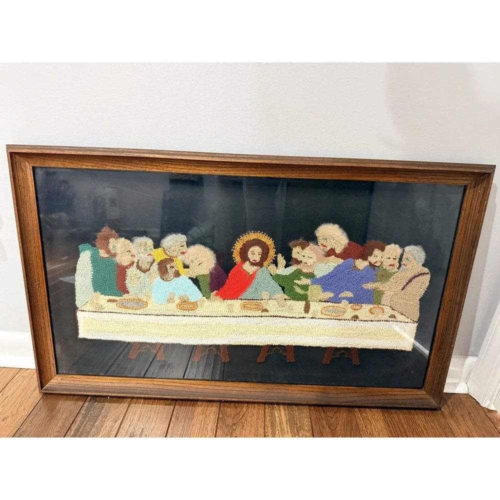 Embroidered Needlepoint Pieces‎ Last Supper Wool Vintage Large Rug Framed
